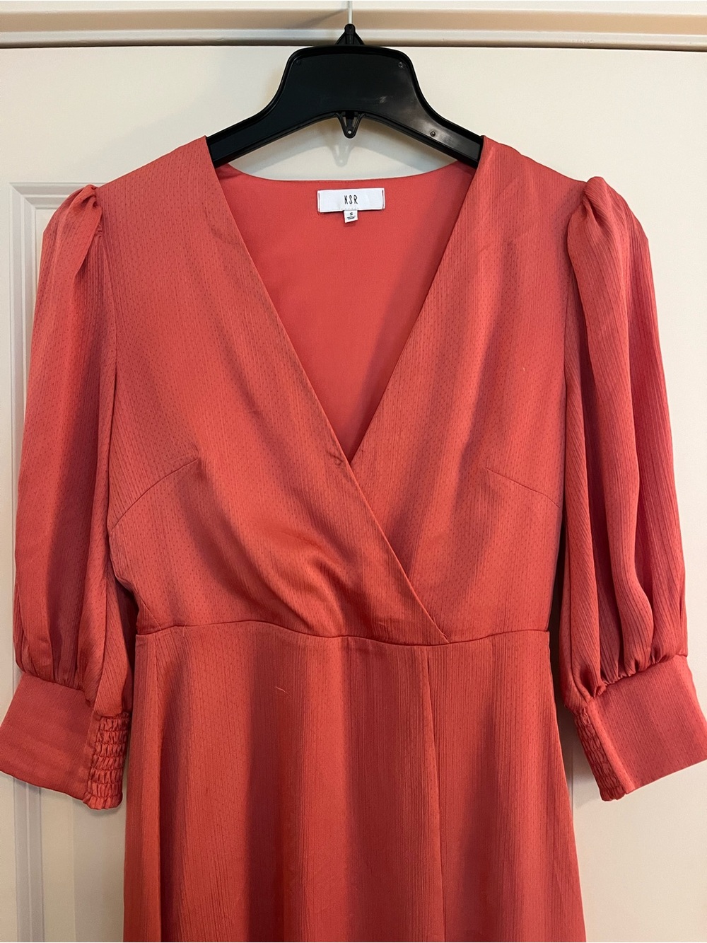 NSR Coral-Red Wrap Midi Dress with Puff Sleeves